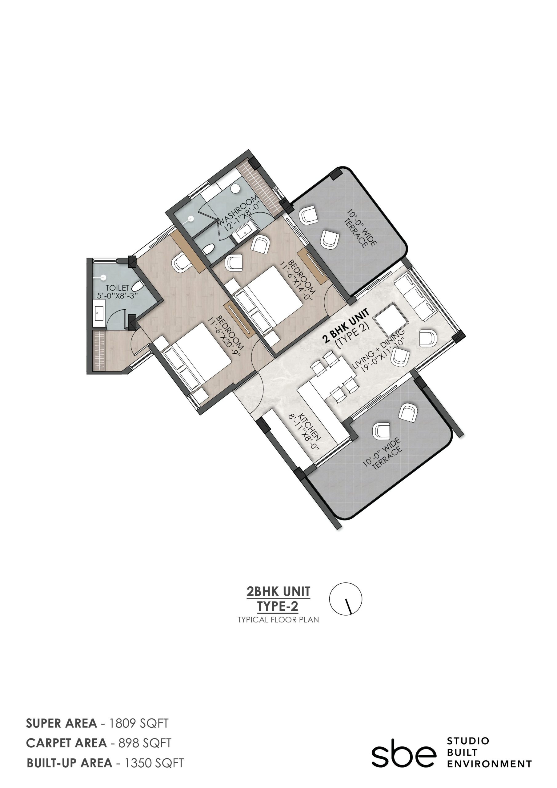 2 BHK Apartments - Type 2 Size:1809 sq ft Rooms:2 Baths:2