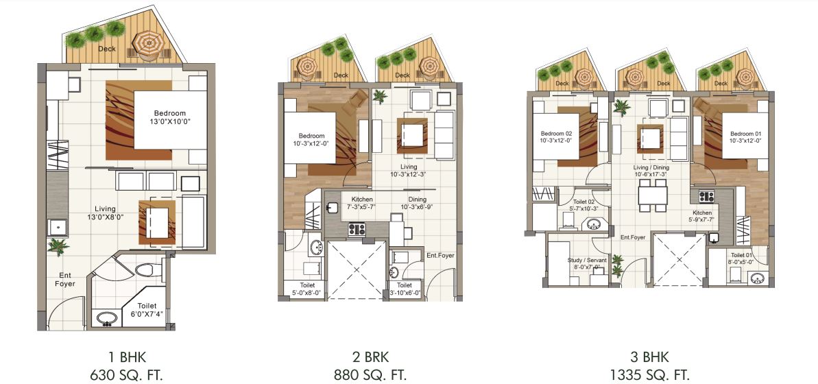 1/2/3 BHK Size:630/880/1335 sq ft Rooms:1/2/3 Baths:1/2/2