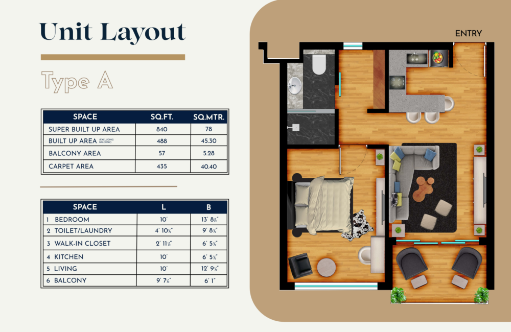 Type A Floor Plan Size:840 sq ft Rooms:1 Baths:1
