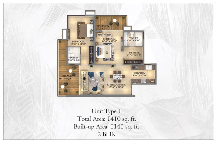 Unit 1: 2 BHK  Size:1410 sq ft Rooms:2 Baths:2
