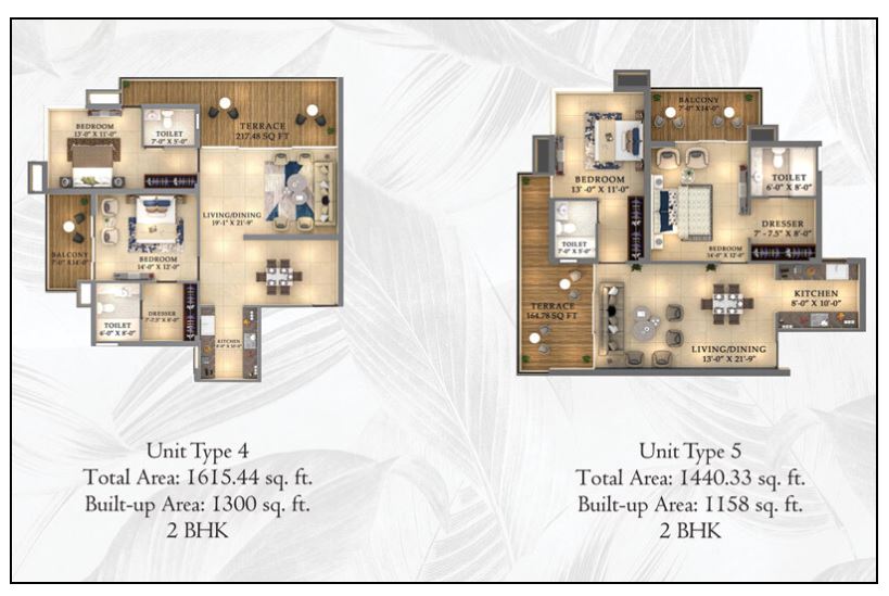Unit 4/5: 2 BHK Size:1615/1440 sq ft Rooms:2 Baths:2