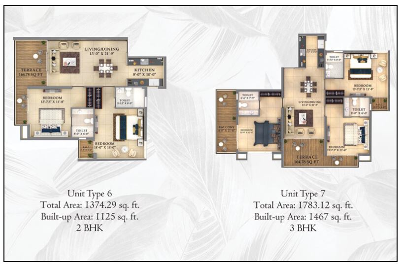 Unit 6/7: 2/3 BHK Size:1374/1783 sq ft Rooms:2/3 Baths:2/3